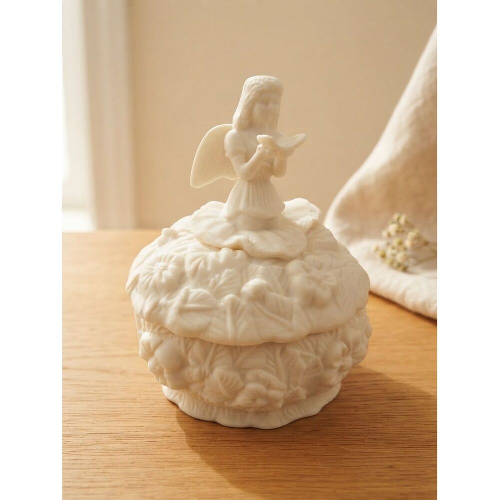 Vintage Jewelry Box Angel Lid Ornate Unglazed Porcelain Trinket 5"
